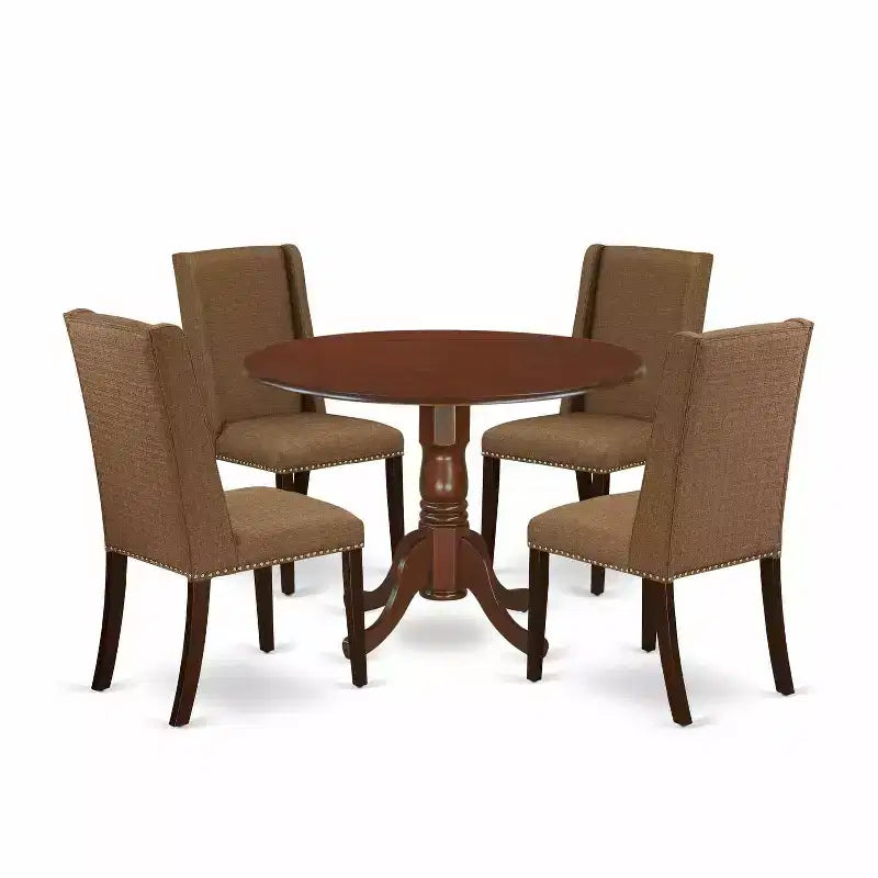 HomeStock 5-Piece Round Mahogany Finish Solid Wood Top Dining table with 4-Chairs