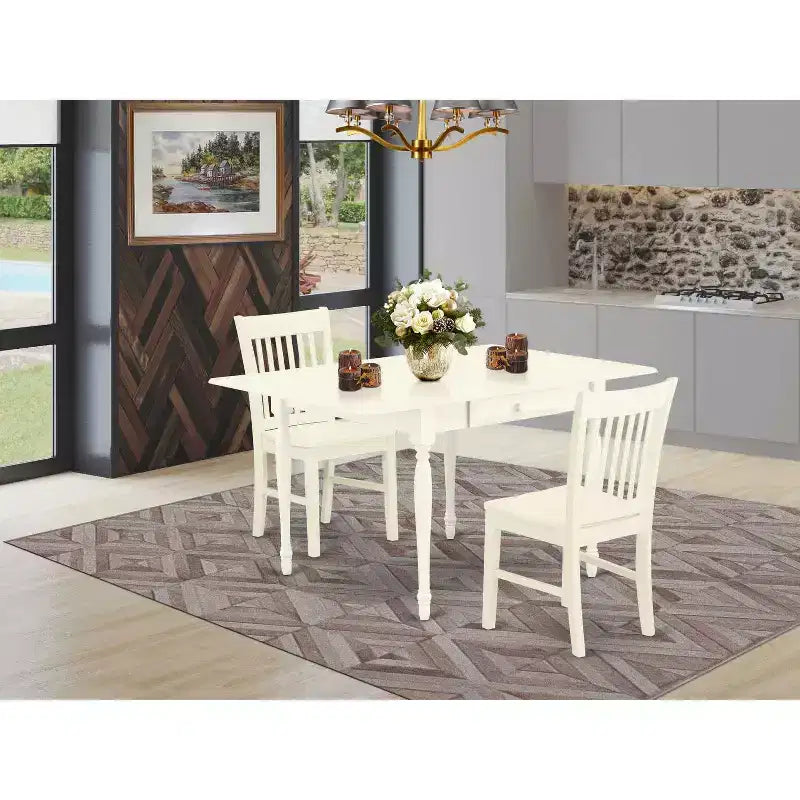 HomeStock Set Tavolo da Pranzo 3 Pezzi in Legno Massello Finitura Lino Bianco con Piano Rettangolare e Ante a Ribalta