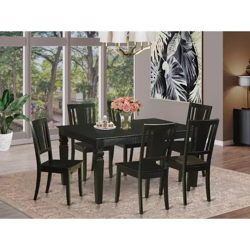 HomeStock Tavolo da Pranzo Rettangolare 7 Pezzi con Finitura Nera, Piano in Legno Massello e 6 Sedie