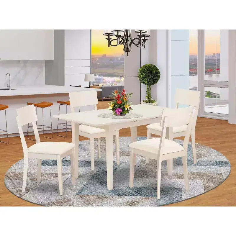 Set da pranzo rettangolare 5 pezzi con piano in legno massello e finitura bianca lino - 4 posti a sedere