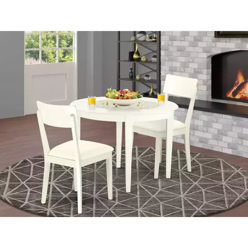 Set Tavolo da Cucina 3pz Rotondo con Sedie Ecopelle Bianca Lino