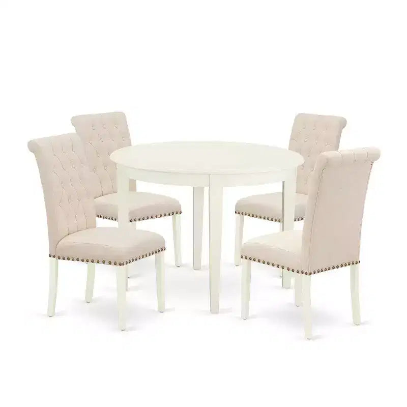 HomeStock 5-Pc Linen white Solid Wood Top - Round Dining Room Set - Seats 4