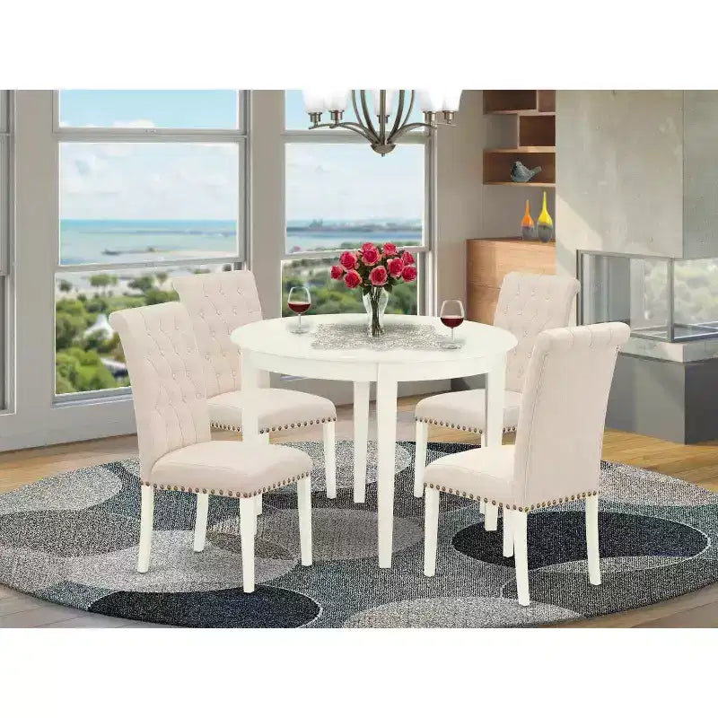 HomeStock Set sala da pranzo rotondo da 5 pezzi con parte superiore in legno massiccio bianco lino - 4 posti a sedere