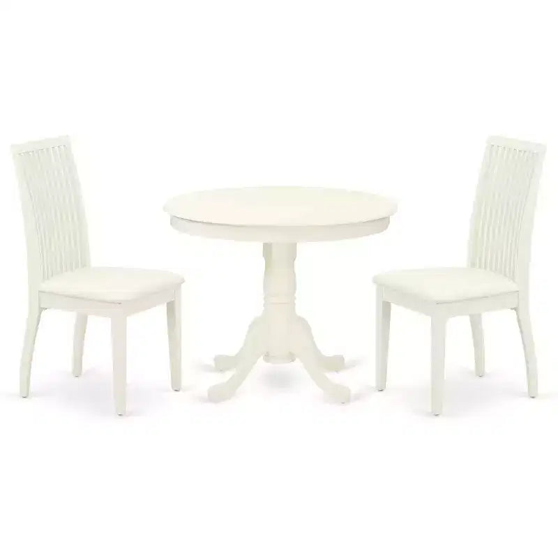 3-Piece Linen White Finish Solid Wood Top - Round Dining Room Set - Seats 4