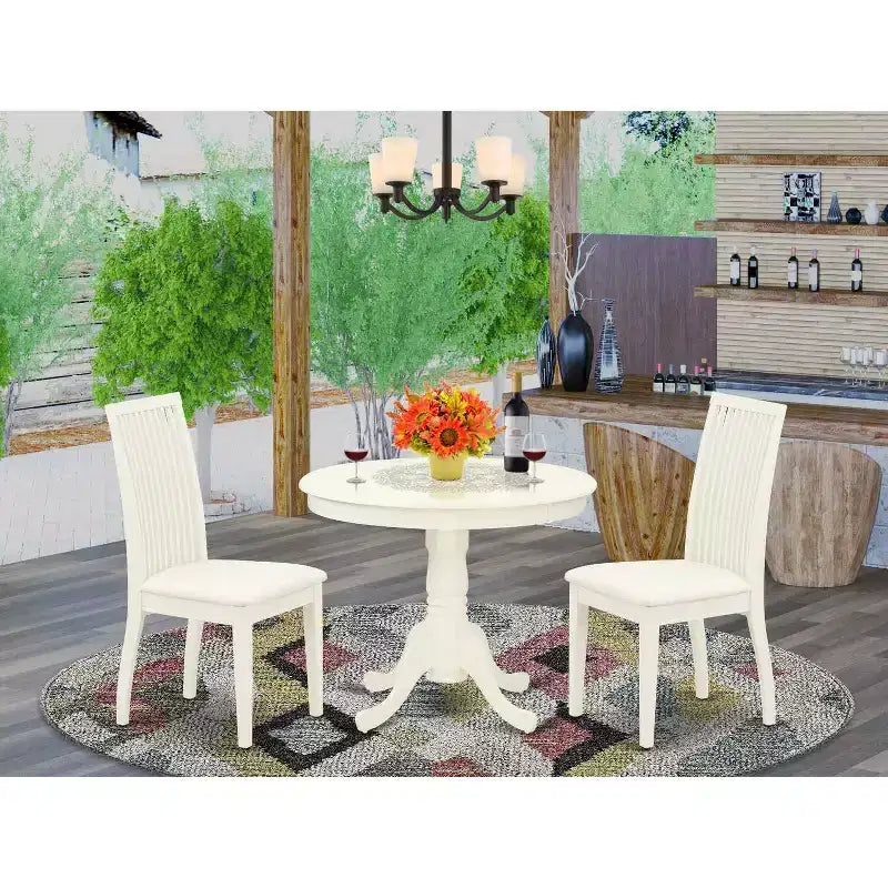 Set da pranzo rotondo in legno massello con finitura lino bianco a 3 pezzi - 4 posti