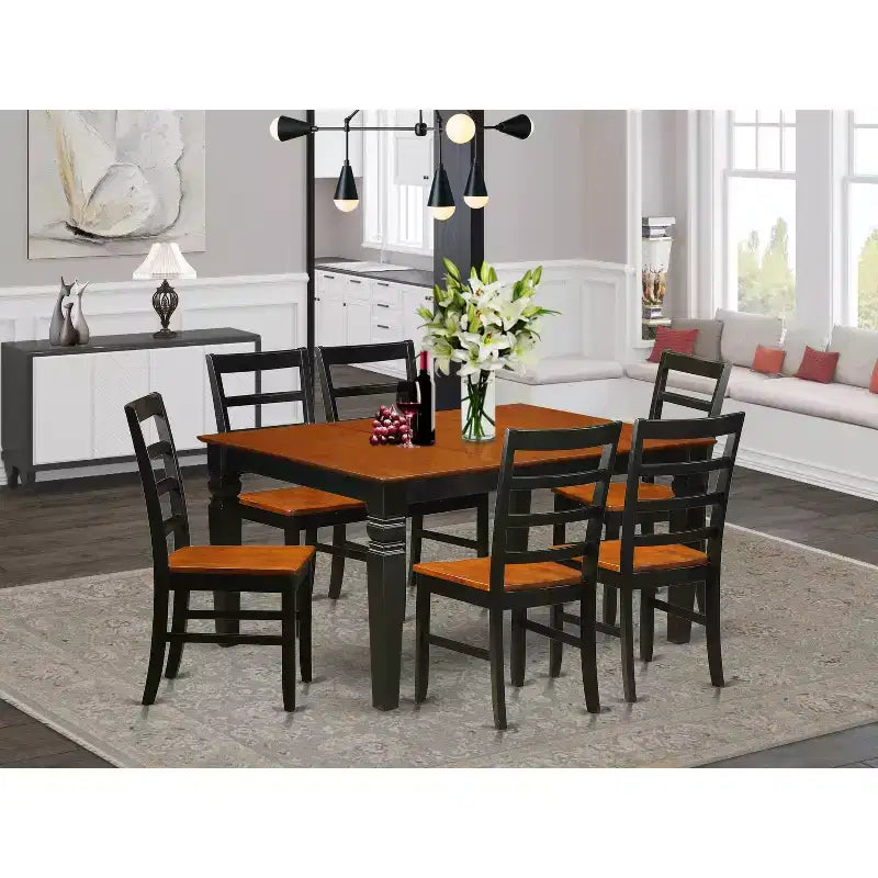 HomeStock Tavolo da pranzo con piano in legno massello nero e ciliegio a 7 pezzi con 6 sedie