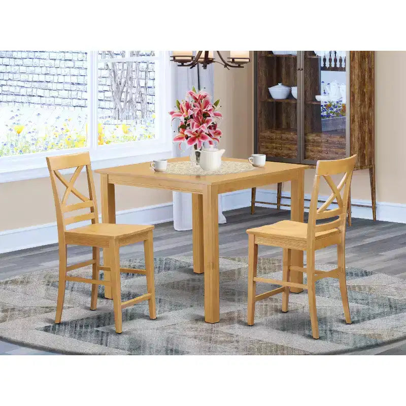 Set da tavolo da pranzo HomeStock a 3 pezzi in legno massello con finitura rovere marrone naturale, altezza bancone