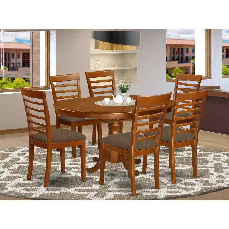 HomeStock Tavolo da Pranzo Ovale a 7 Pezzi in Legno Massello con Finitura Marrone Scuro e 6 Sedie
