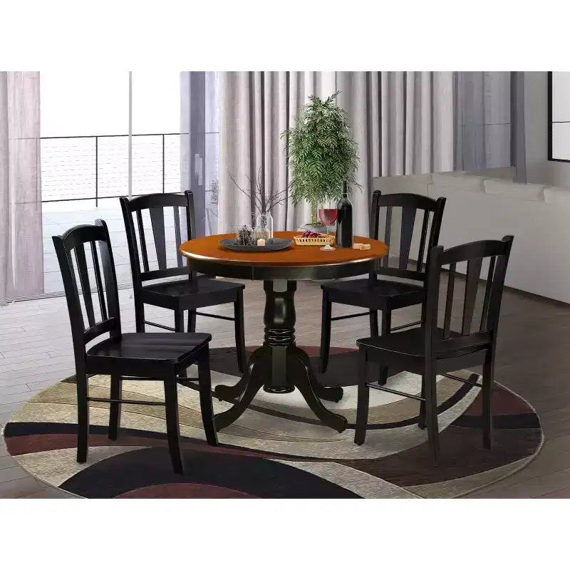 HomeStock Tavolo da pranzo in legno massello con piano nero a 5 pezzi e 4 sedie con schienale a doghe