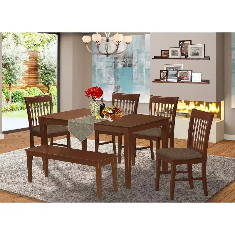 HomeStock Tavolo da pranzo a 6 posti con top in legno massello e finitura mogano, con 1 panca e 4 sedie