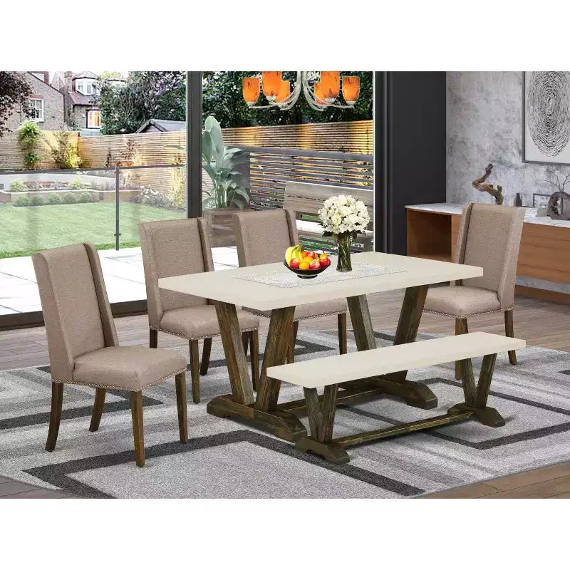 HomeStock Set da Pranzo 6 Pezzi, con Piano in Legno Massello Multicolore, Rettangolare, Imbottito, Posti a Sedere per 4 Persone
