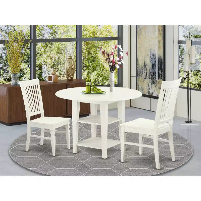 HomeStock Set da pranzo in 3 pezzi con piano rotondo in legno massello e finitura bianco lino