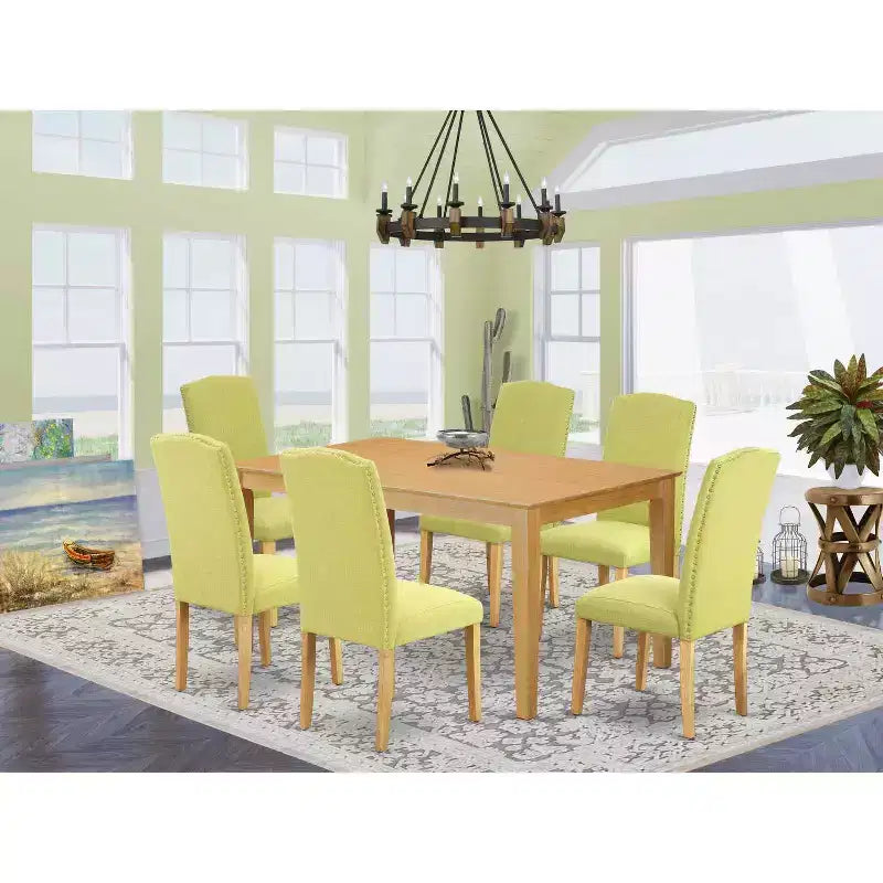 HomeStock Tavolo da pranzo rettangolare a 7 pezzi con piano in legno massello finitura rovere naturale e 6 sedie Parson