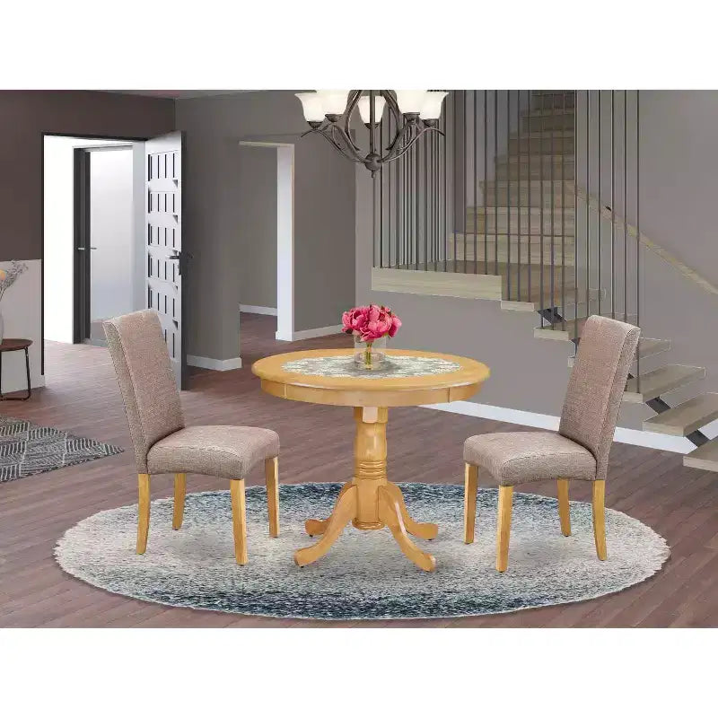 Set da pranzo rotondo medievale - Set da 3 pezzi tavolo e sedie - Finitura rovere - Tessuto in lino kaki scuro - Pranzo accogliente