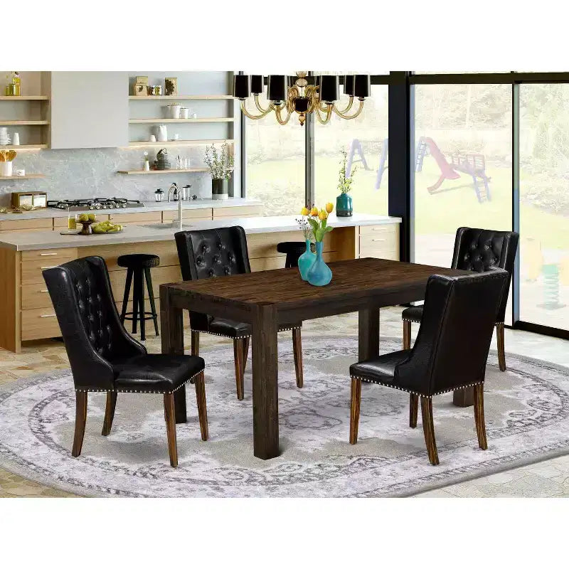 Set da pranzo rettangolare a 5 pezzi con parte superiore in legno massiccio con finitura marrone naturale e bottoni trapuntati - Posti a sedere per 4 persone
