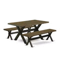 HomeStock 3-Piece Rectangle Distressed Jacobean Finish Solid Wood Top Dining Table with 2-Benches