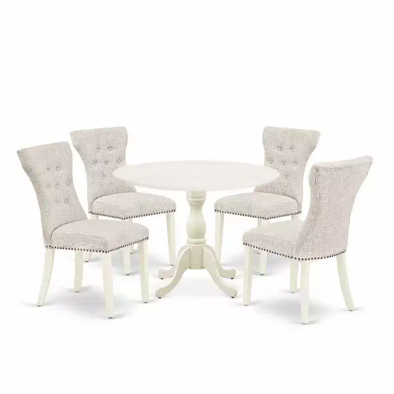 HomeStock 5-Piece Linen White Finish Solid Wood Top Dining Table with 4 Parson Chair with Drop Leaf Lattice Back