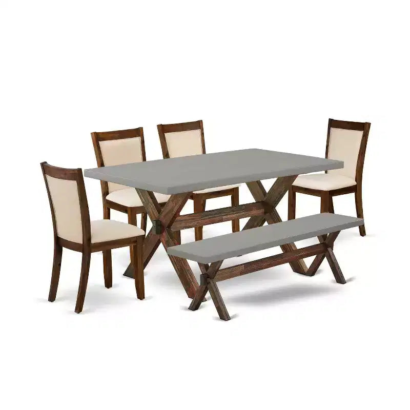 HomeStock 6-Piece Rectangle Distressed Jacobean Finish Solid Wood Top Dining Table with 1-Bench, 4-Chairs