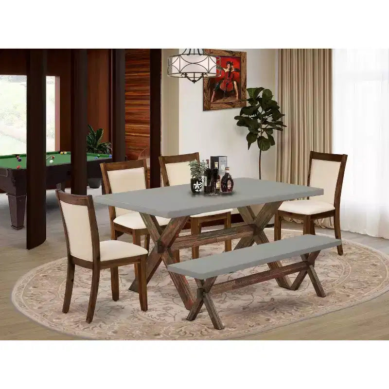 HomeStock Tavolo da pranzo rettangolare a 6 pezzi in legno massello con finitura Jacobean anticata, con 1 panca e 4 sedie