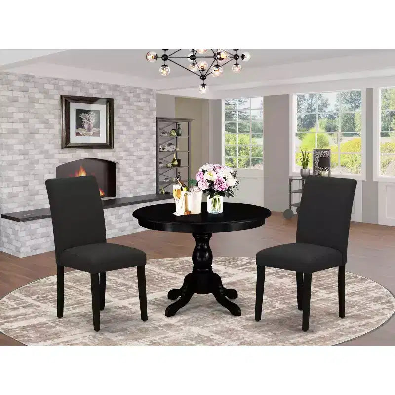 Set da 3 pezzi per sala da pranzo in legno massello nero spazzolato con schienale alto - 4 posti