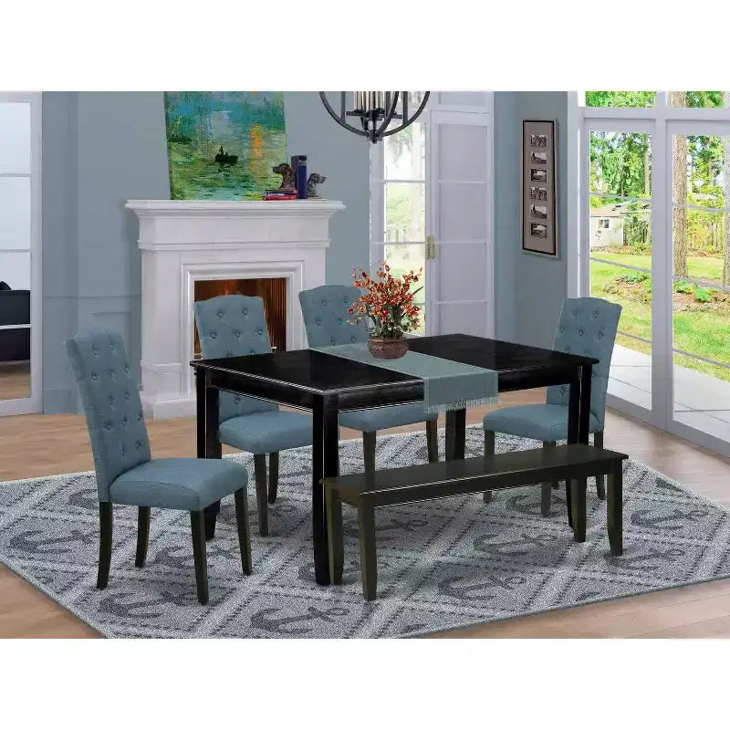 HomeStock Set da pranzo 6 pezzi, tavolo rettangolare con piano in legno massello e finitura nera, 1 panca, 4 sedie