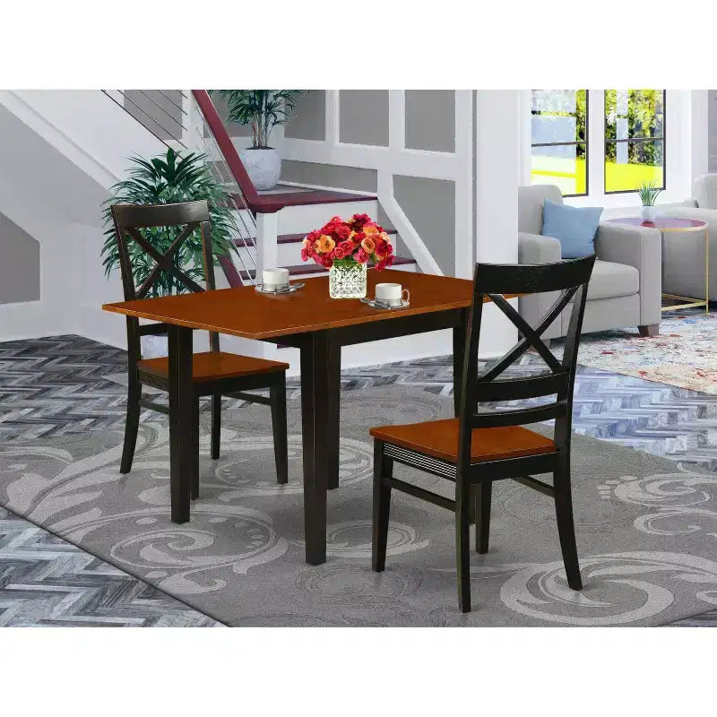 HomeStock Set da Pranzo 3 Pezzi con Tavolo Rettangolare con Piano in Legno Massello Finitura Nera e Ciliegio