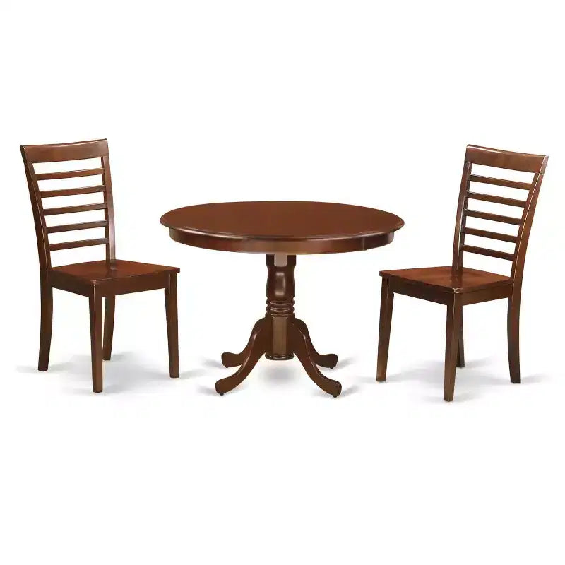 3-Piece Mahogany Finish Solid Wood Top - Round Dining Room Set - Seats 4