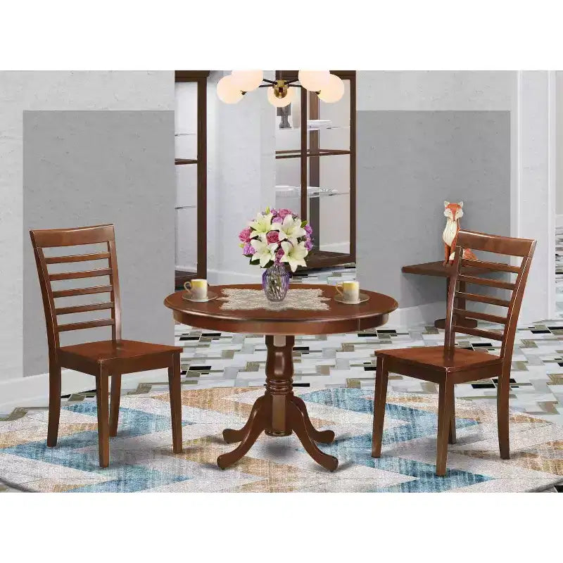Set da pranzo rotondo a 3 pezzi con piano in legno massello finitura mogano - 4 posti a sedere