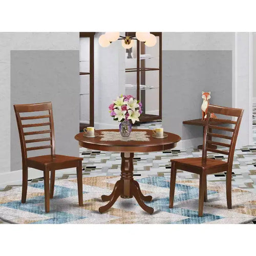 Set da pranzo in 3 pezzi, finitura mogano, con piano in legno massello - set rotondo per sala da pranzo - posti a sedere 4