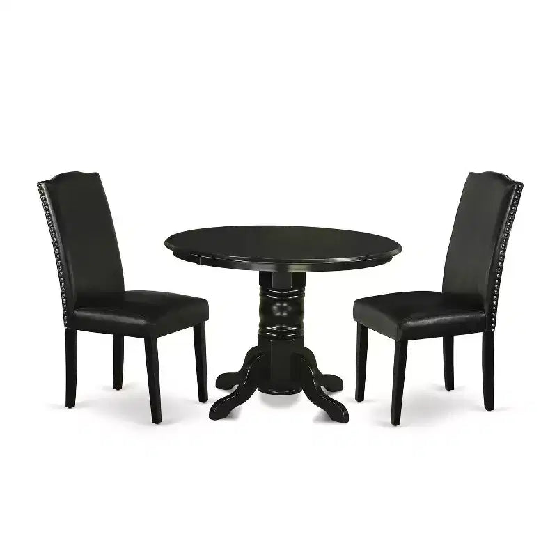 Dinette Set 3Pc Round Table & 2 Parsons Chairs - Black PU Leather - 42 Table
