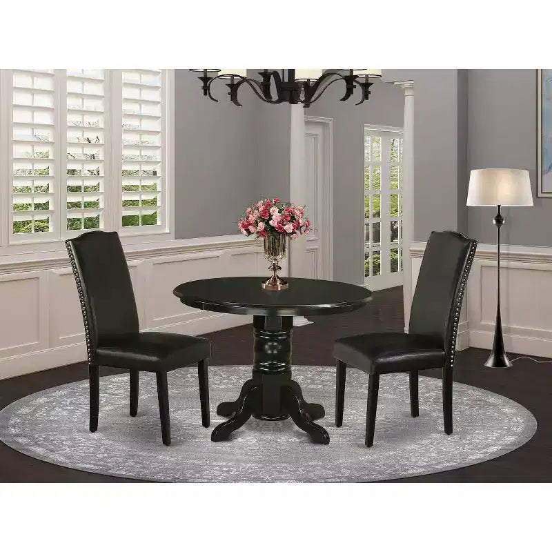 Set da pranzo 3 pezzi tavolo rotondo e 2 sedie Parsons - Similpelle PU Nera - Tavolo 42