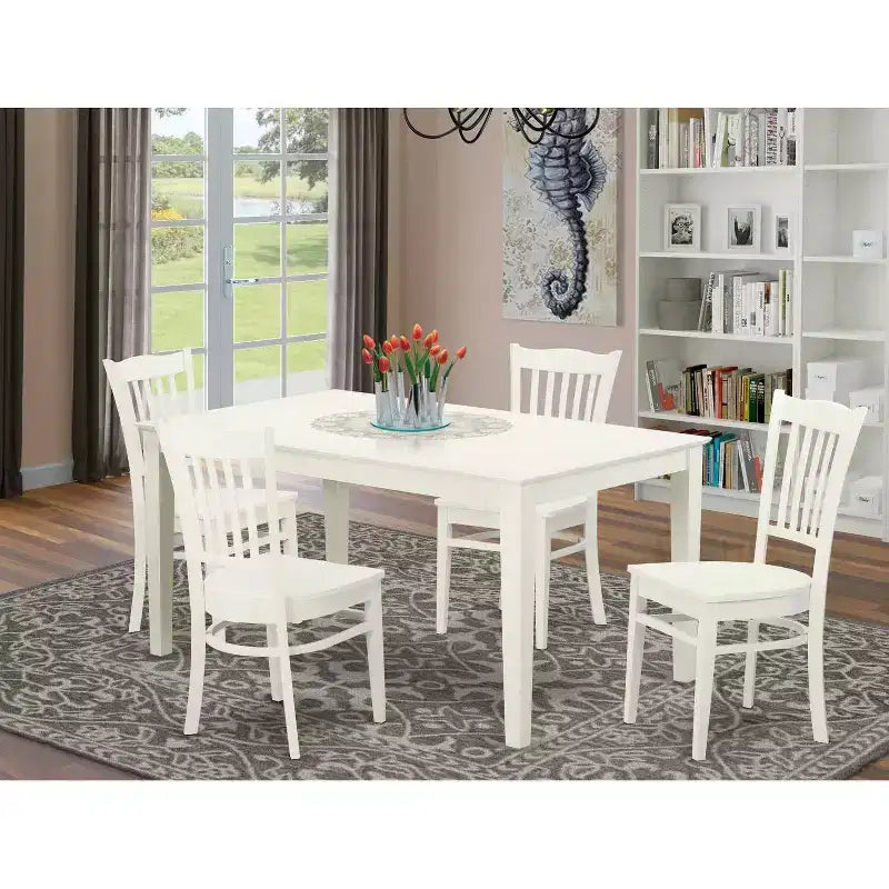 HomeStock Set tavolo da pranzo con piano in legno massello e 4 sedie, finitura bianco lino, 5 pezzi
