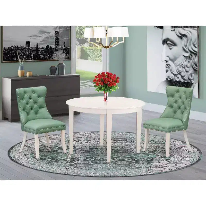 Set da pranzo da 3 pezzi con tavolo rotondo in legno massello finitura lino bianco