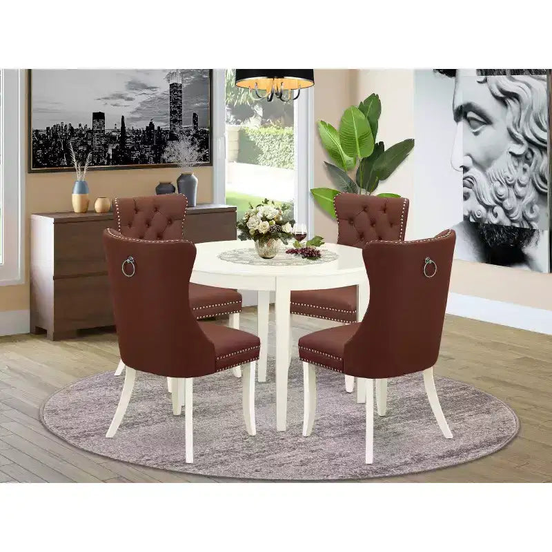Set da pranzo rotondo imbottito a 5 pezzi in legno massello con piano bianco lino - (4 posti)