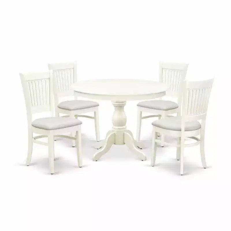 HomeStock 5-Piece Linen White Finish Solid Wood Top Dining table with 4 Chairs with Slat Back