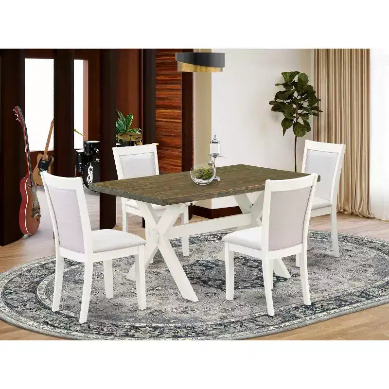 HomeStock Set da pranzo 5 pezzi con tavolo e 4 sedie, finitura lino bianco spazzolato con piano in legno massello