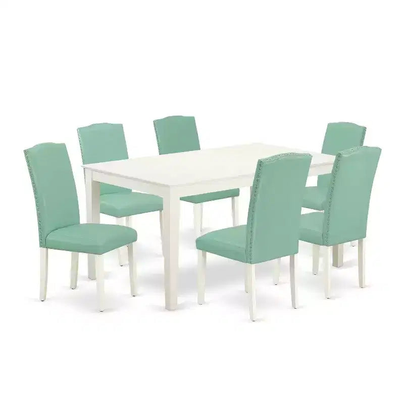 HomeStock 7-Pc Rectangle Linen White Finish Solid Wood Top Dining Table with 6 Parson-Chairs