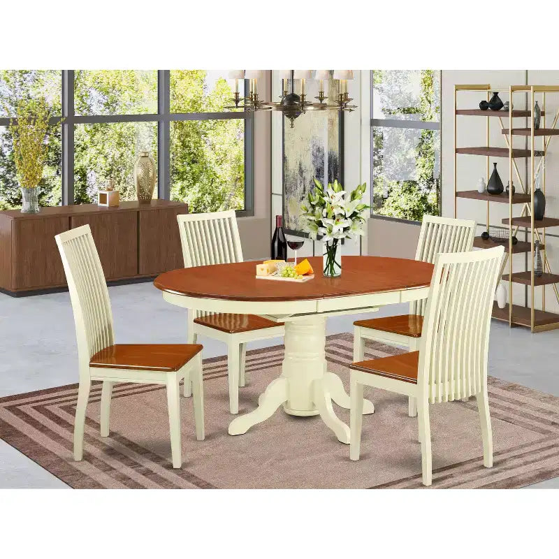 HomeStock Tavolo da pranzo a 5 pezzi con ripiano in legno massello con finitura color latticello e ciliegio con 4 sedie