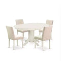 Vintage Oval Dining Table Set - 5pc Table & 4 Chairs - Linen White Legs - Light Beige Fabric