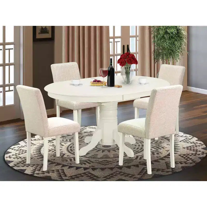 Set Tavolo da Pranzo Ovale Vintage - 5 pezzi Tavolo e 4 Sedie - Gambe Bianco Lino - Tessuto Beige Chiaro