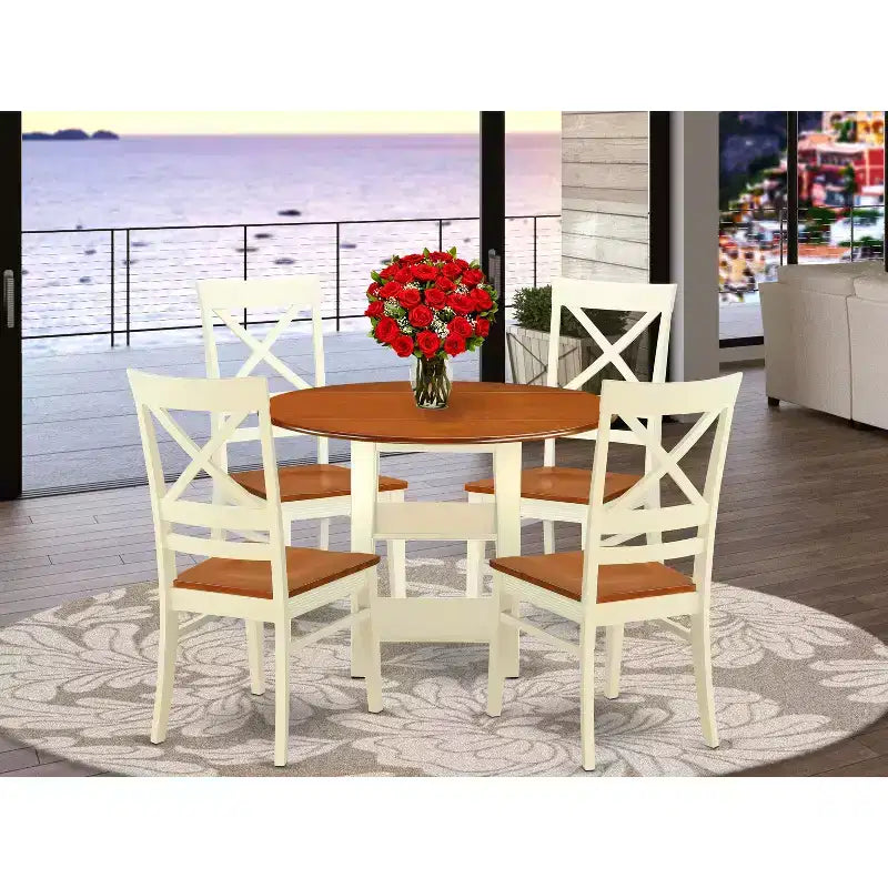 HomeStock Set sala da pranzo rotondo da 5 pezzi in legno massello color lattementa e ciliegio - 4 posti a sedere