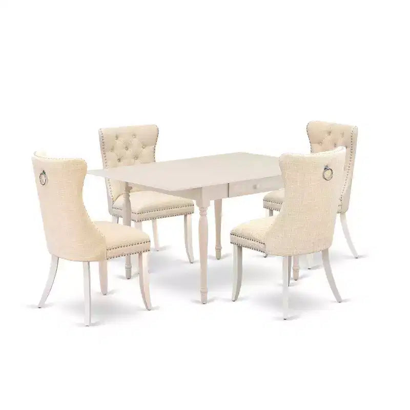 5-Piece Linen White Finish Solid Wood Top - Rectangular Upholstered Dining Room Set - (Seats-4)