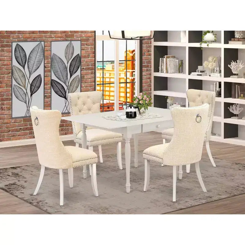 Set da pranzo rettangolare imbottito con ripiano in legno massello finitura lino bianco a 5 pezzi - (4 posti)