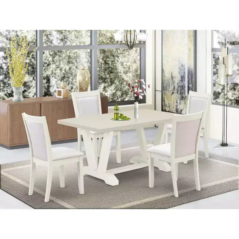 HomeStock Set da pranzo da 5 pezzi: tavolo rettangolare con finitura in lino spazzolato bianco e piano in legno massello con 4 sedie Parson