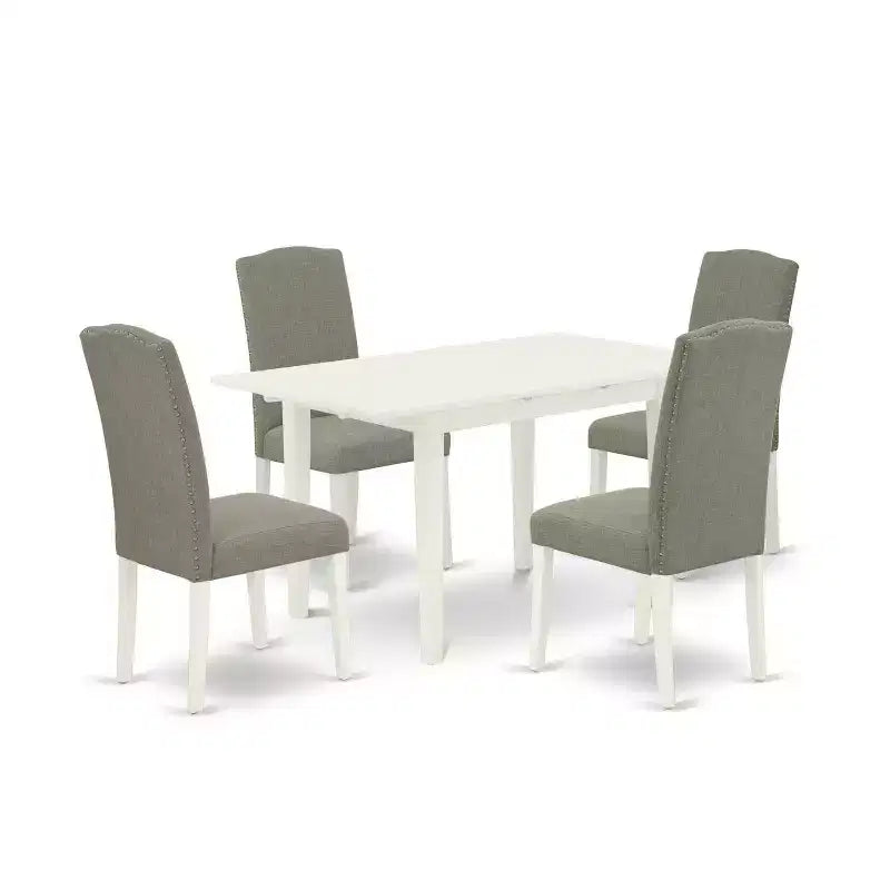 HomeStock 5-Pc Linen White Finish Solid Wood Top - Rectangular Upholstered Dining Room Set with Butterfly Leaf - Seats 4