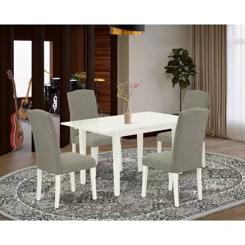 HomeStock Set da Pranzo Rettangolare Imbottito a 5 Pezzi con Finitura Lino Bianco e Piano in Legno Massello con Prolunga a Farfalla - Posti a Sedere per 4