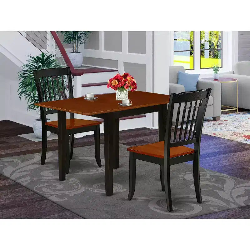 Set tavolo da pranzo HomeStock 3 pezzi con ripiano in legno massello con finitura nera e ciliegio