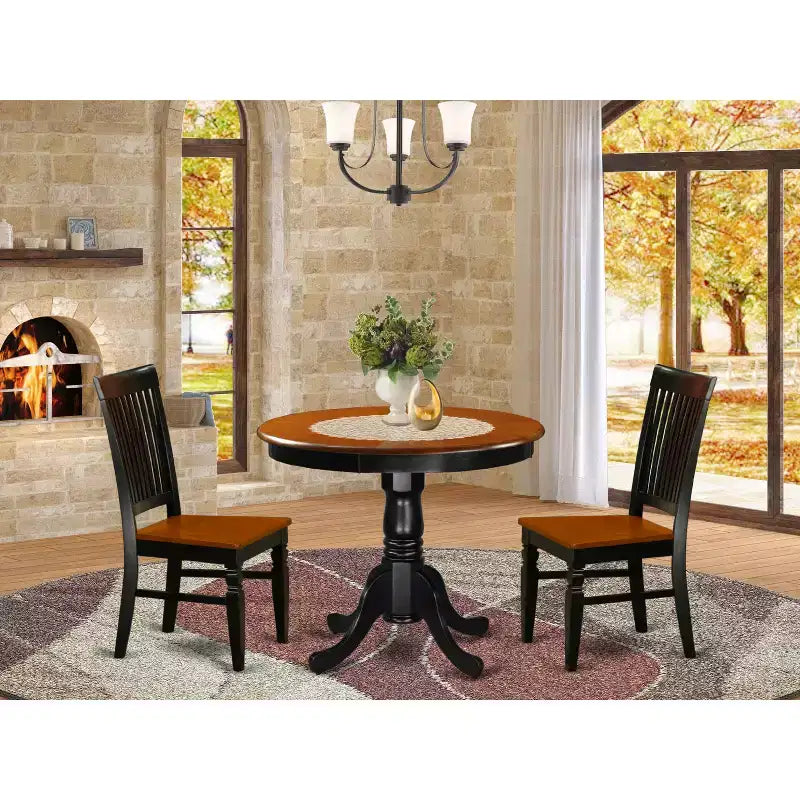 Set da pranzo in 3 pezzi con piano in legno massello finitura nera e ciliegio - 4 posti a sedere