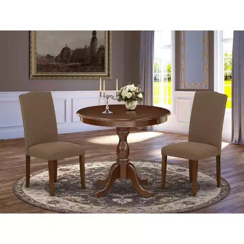 Set da sala da pranzo rotondo in 3 pezzi con piano in legno massello con finitura mogano e schienale alto (4 posti)