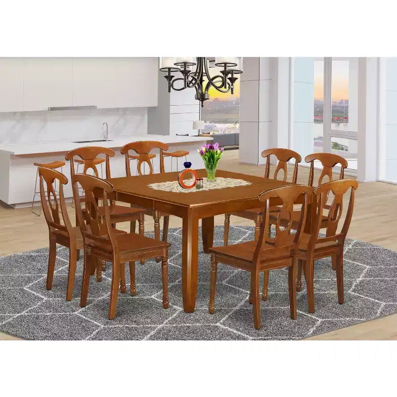 HomeStock Set da Pranzo Quadrato da 9 Pezzi con Tavolo con Piano in Legno Massello e Finitura Marrone Sella e 8 Sedie
